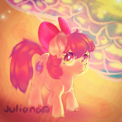 Size: 768x768 | Tagged: safe, artist:juliana1arts, imported from derpibooru, apple bloom, earth pony, pony, beach, female, filly, heart eyes, ocean, solo, unshorn fetlocks, wingding eyes