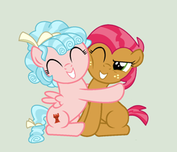 Size: 992x850 | Tagged: safe, artist:brightstar40k, imported from derpibooru, babs seed, cozy glow, earth pony, pegasus, a better ending for cozy, cheek squish, cheek to cheek, cozybetes, cute, eyes closed, grin, hug, one eye closed, smiling, squishy cheeks