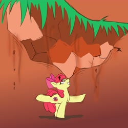 Size: 4096x4096 | Tagged: safe, artist:niggerdrawfag, artist:yoweird_bro, imported from derpibooru, apple bloom, earth pony, pony, balancing, looking up, smiling, solo, strong, super strength