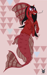 Size: 1272x2034 | Tagged: safe, artist:wheatley r.h., derpibooru exclusive, imported from derpibooru, oc, oc only, oc:red widow, siren, cigarette, cigarette holder, cloven hooves, eyeshadow, fangs, female, fins, fish tail, floating, gem, long hair, makeup, sharp teeth, siren oc, slit eyes, slit pupils, smoking, solo, teeth, true form, vector, watermark