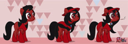 Size: 3200x1097 | Tagged: safe, artist:wheatley r.h., derpibooru exclusive, imported from derpibooru, oc, oc only, oc:red widow, earth pony, pony, beret, cigarette, cigarette holder, eyeshadow, female, gem, glasses, hat, jewelry, long hair, makeup, mare, necklace, slit eyes, slit pupils, smoking, solo, variant, vector, watermark