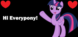 Size: 9584x4624 | Tagged: safe, artist:andoanimalia, artist:twilyisbestpone, derpibooru exclusive, edit, imported from derpibooru, vector edit, twilight sparkle, alicorn, pony, black background, cute, female, heart, hi, mare, one hoof raised, open mouth, raised hoof, simple background, smiling, solo, talking to viewer, twiabetes, twilight sparkle (alicorn), vector, waving