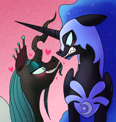 Size: 1250x1311 | Tagged: safe, alternate version, artist:northernlightsone, imported from derpibooru, nightmare moon, queen chrysalis, alicorn, changeling, pony, alternate hairstyle, armor, beard, blushing, chrysmoon, commission, crossed horns, darkhorse knight, darkhorsemorphosis, eyeshadow, facial hair, female, floating heart, gay, grin, gritted teeth, heart, helmet, horn, horns are touching, jewelry, king metamorphosis, lesbian, looking at each other, makeup, male, regalia, rule 63, shipping, smiling, smug, stallion, teasing, textless version