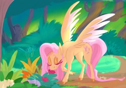 Size: 3696x2568 | Tagged: safe, artist:bombstaticz, imported from derpibooru, fluttershy, pegasus, pony, bush, colored hooves, eyes closed, female, flower, forest, high res, mare, outdoors, path, raised hoof, smiling, sniffing, solo, spread wings, standing, tree, two toned wings, unshorn fetlocks, wings