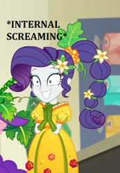 Size: 316x456 | Tagged: safe, imported from derpibooru, rarity, equestria girls, equestria girls series, holidays unwrapped, spoiler:eqg series (season 2), cornucopia costumes, flower, flower in hair, gem, grin, inflatable dress, internal screaming, meme, nervous, nervous grin, o come all ye squashful, shrunken pupils, smiling, text, wide eyes