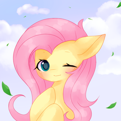 Size: 1000x1000 | Tagged: safe, artist:happy0v, imported from derpibooru, fluttershy, pony, blushing, bust, cloud, cute, female, floppy ears, hoof on chest, leaf, looking at you, mare, one eye closed, portrait, shyabetes, sky background, smiling, solo, three quarter view, wink, winking at you