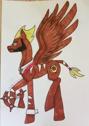 Size: 2668x3740 | Tagged: safe, artist:agdapl, imported from derpibooru, pegasus, pony, beard, crossover, demoman, facial hair, high res, male, ponified, raised hoof, signature, solo, species swap, team fortress 2, traditional art, wings