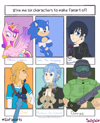 Size: 2190x2688 | Tagged: safe, artist:saltysel, imported from derpibooru, princess cadance, alicorn, anthro, hedgehog, human, pony, six fanarts, anthro with ponies, black butler, bust, ciel phantomhive, clothes, crossover, doom, doom guy, doomguy, female, fire emblem: three houses, gloves, helmet, high res, hoof shoes, horn, link, mare, marianne von edmund, sonic the hedgehog, sonic the hedgehog (series), the legend of zelda, wings