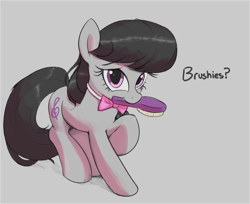 Size: 3674x3000 | Tagged: safe, artist:vultraz, octavia melody, earth pony, pony, bowtie, brush, brush request, brushie, cutie mark, female, hairbrush, looking at you, mare, mouth hold, raised hoof, simple background, smiling, solo, text