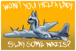 Size: 1500x1000 | Tagged: safe, artist:andromailus, oc, oc only, original species, plane pony, pony, b-17 flying fortress, female, looking at you, looking back, looking back at you, pinup, plane, poster, solo, text, world war ii