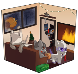 Size: 2100x2000 | Tagged: safe, artist:andromailus, oc, oc only, oc:air liner, oc:blitz, oc:cloudwalker, oc:pluto, original species, plane pony, pony, predator drone, a-10 thunderbolt ii, boeing 737, christmas, christmas presents, christmas stocking, christmas tree, cruise missile, holiday, looking at you, looking back, looking back at you, mouth hold, open mouth, plane, plane ponies, simple background, snow, sr-71 blackbird, transparent background, tree