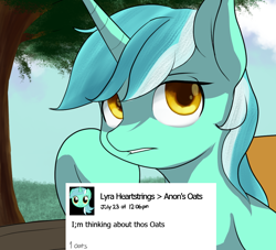 Size: 1100x1000 | Tagged: safe, artist:andromailus, lyra heartstrings, pony, unicorn, bench, facebook, female, food, head on hoof, horn, mare, oats, solo, text, tree