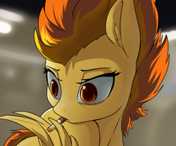 Size: 1200x1000 | Tagged: safe, artist:andromailus, spitfire, pegasus, pony, cigarette, ear fluff, female, mare, smoking, solo, wing hands, wings