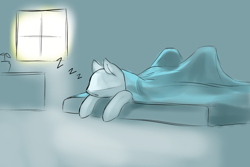 Size: 1500x1000 | Tagged: safe, artist:andromailus, oc, oc only, original species, plane pony, pony, predator drone, bed, blanket, morning, onomatopoeia, oversleeping, plane, plane ponies, sleeping, solo, sound effects, zzz