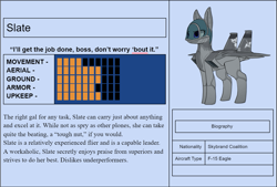 Size: 1251x844 | Tagged: safe, artist:andromailus, oc, oc only, oc:slate, original species, plane pony, pony, blue eyes, f-15 eagle, female, plane, solo, text