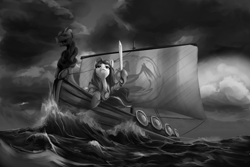 Size: 1500x1000 | Tagged: safe, artist:andromailus, oc, oc only, oc:nordpone, earth pony, pony, boat, female, mare, monochrome, ocean, solo, sword, viking ship, weapon