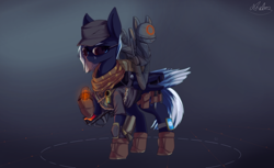 Size: 3600x2200 | Tagged: safe, artist:andromailus, oc, oc only, original species, pegasus, plane pony, pony, clothes, drone, gun, hat, knife, pegasus oc, plane, raised hoof, scarf, signature, tom clancy's the division, weapon, wings