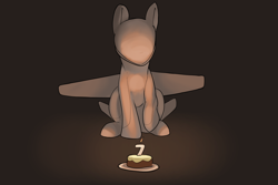 Size: 1500x1000 | Tagged: safe, artist:andromailus, oc, oc only, original species, plane pony, pony, predator drone, birthday, birthday cake, cake, food, lonely, plane, plane ponies, raised hoof, sitting