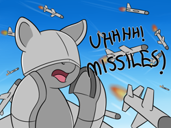 Size: 1600x1200 | Tagged: artist needed, safe, oc, oc only, original species, plane pony, pony, predator drone, dialogue, flying, missile, open mouth, plane, plane ponies, solo