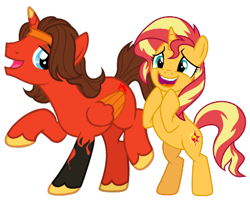 Size: 467x375 | Tagged: safe, artist:fetlockfete, imported from derpibooru, sunset shimmer, alicorn, pony, unicorn, bipedal, couple, crossover, crossover shipping, duo, female, happy, hot rod, love, male, open mouth, photo, rodimus, shipping, simple background, transformers, vector, white background