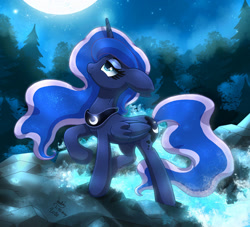Size: 1280x1162 | Tagged: safe, artist:joakaha, imported from derpibooru, princess luna, alicorn, pony, blue eyes, blue mane, colored pupils, ethereal mane, eyelashes, female, flowing mane, flowing tail, folded wings, glow, horn, looking up, moon, moonlight, night, signature, sky, solo, starry mane, stars, tree, wings
