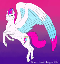 Size: 1024x1095 | Tagged: safe, artist:winterfrostdragon, imported from derpibooru, zipp storm, pegasus, pony, colored hooves, colored wings, cyan eyes, female, g5, mare, multicolored hair, multicolored wings, smiling, smirk, solo, spread wings, teeth, wings