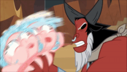 Size: 1200x676 | Tagged: safe, imported from derpibooru, screencap, cozy glow, lord tirek, centaur, frenemies (episode), abuse, angry, animated, blindfold, cozy glow is best facemaker, cozybuse, duo, for all this pain and torture i swear you'll pay, great moments in animation, loop, nose piercing, nose ring, piercing, puffy cheeks, septum piercing, shaking, smear frame, tongue out