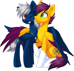 Size: 937x894 | Tagged: safe, artist:scarlet-spectrum, imported from derpibooru, oc, oc only, oc:trade wind, oc:ward wind, pegasus, pony, female, hug, male, mare, one eye closed, stallion, winghug, wings