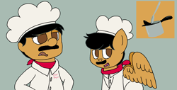 Size: 1694x860 | Tagged: safe, artist:kittycatsun, imported from derpibooru, human, pegasus, pony, bandana, chef, chef pee pee, chef's hat, cooking pot, hat, ponified, spoon, supermariologan