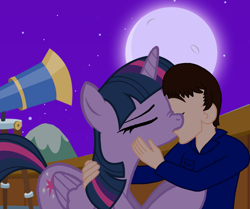 Size: 4226x3536 | Tagged: safe, artist:brandonthebronypony2, imported from derpibooru, twilight sparkle, oc, oc:brandon, alicorn, canon x oc, moon, night, telescope, twilight sparkle (alicorn)