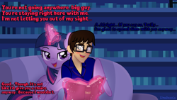 Size: 1920x1080 | Tagged: safe, artist:brandonthebronypony2, artist:limedazzle, imported from derpibooru, twilight sparkle, oc, oc:brandon, alicorn, human, book, bookshelf, canon x oc, couch, twilight sparkle (alicorn)