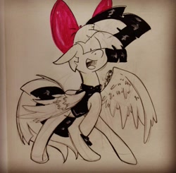 Size: 1080x1058 | Tagged: safe, artist:sakura_doujinshi_sd, imported from derpibooru, songbird serenade, pegasus, pony, my little pony: the movie, bow, clothes, female, hair bow, hair over eyes, mare, raised hoof, traditional art