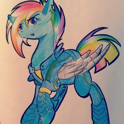 Size: 1080x1080 | Tagged: safe, alternate version, artist:sakura_doujinshi_sd, imported from derpibooru, rainbow dash, pegasus, pony, alternate timeline, amputee, apocalypse dash, armor, artificial wings, augmented, colored, crystal war timeline, female, mare, prosthetic limb, prosthetic wing, prosthetics, solo, torn ear, traditional art, wings