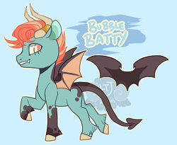 Size: 1100x900 | Tagged: safe, artist:lavvythejackalope, imported from derpibooru, oc, oc only, bat pony, pony, bat pony oc, bat wings, grin, horns, raised hoof, smiling, solo, wings