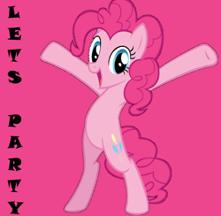 Size: 4872x4760 | Tagged: safe, artist:andoanimalia, artist:twilyisbestpone, derpibooru exclusive, edit, imported from derpibooru, vector edit, pinkie pie, earth pony, pony, absurd resolution, bipedal, cute, diapinkes, female, happy, hooves in air, mare, open mouth, pink background, simple background, smiling, solo, vector, y pose
