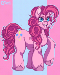 Size: 720x900 | Tagged: safe, artist:tenjosan, imported from derpibooru, pinkie pie, earth pony, pony, digital art, female, hooves, looking at you, mare, open mouth, open smile, simple background, smiling, smiling at you, solo, tail, unshorn fetlocks