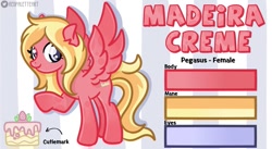 Size: 1209x661 | Tagged: safe, artist:redpalette, imported from derpibooru, oc, oc:madeira creme, pegasus, blonde, cake, cute, cutie mark, female, food, mare, pegasus oc, reference sheet, smiling, wings