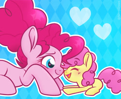 Size: 1990x1632 | Tagged: safe, artist:ninnydraws, imported from derpibooru, li'l cheese, pinkie pie, earth pony, pony, the last problem, boop, colt, cute, daaaaaaaaaaaw, diapinkes, duo, duo female, female, filly, happy, heart, heart eyes, li'l cuteese, male, mother and child, mother and daughter, mother and son, noseboop, older, older pinkie pie, open mouth, simple background, smiling, wingding eyes