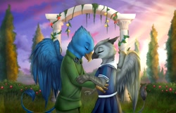 Size: 2560x1647 | Tagged: safe, artist:megabait, imported from derpibooru, oc, griffon, pony, clothes, cuddling, happy, love, marriage, suit, wedding