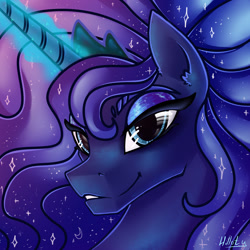 Size: 1450x1450 | Tagged: safe, artist:hilloty, imported from derpibooru, princess luna, alicorn, pony, bust, ethereal mane, female, looking at you, magic, mare, portrait, smiling, solo, starry mane
