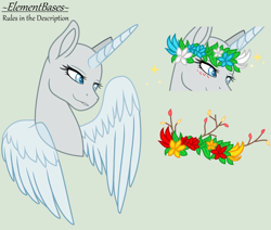 Size: 1930x1636 | Tagged: safe, alternate version, artist:elementbases, imported from derpibooru, oc, oc only, alicorn, pony, alicorn oc, bald, base, blushing, bust, eyelashes, female, floral head wreath, flower, gray background, horn, mare, simple background, wings