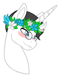 Size: 1583x2048 | Tagged: safe, alternate version, artist:agdapl, artist:elementbases, imported from derpibooru, pony, unicorn, base used, blushing, crossover, floral head wreath, flower, glasses, male, medic, ponified, simple background, species swap, stallion, team fortress 2, white background