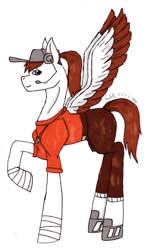 Size: 1250x2048 | Tagged: safe, artist:agdapl, imported from derpibooru, pegasus, pony, clothes, crossover, female, headset, male, mare, ponified, raised hoof, rule 63, scout, signature, simple background, species swap, team fortress 2, traditional art, two toned wings, white background, wings