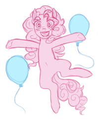 Size: 1024x1184 | Tagged: safe, artist:lynesssan, imported from derpibooru, pinkie pie, earth pony, pony, balloon, female, jumping, limited palette, mare, party balloon, simple background, sketch, solo, transparent background, underhoof