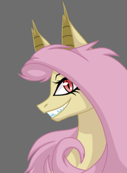 Size: 1080x1468 | Tagged: safe, artist:fruiitypieq, artist:shycookieq, imported from derpibooru, fluttershy, bat pony, pony, bat ponified, bust, collaboration, eyelashes, female, flutterbat, gray background, grin, gritted teeth, looking at you, mare, profile, race swap, red eyes, sharp teeth, simple background, smiling, solo, teeth