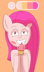 Size: 1080x1761 | Tagged: safe, artist:fruiitypieq, artist:shycookieq, imported from derpibooru, pinkie pie, earth pony, pony, bust, cupcake, female, food, grin, mare, orange background, pinkamena diane pie, simple background, smiling, solo