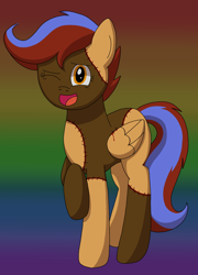 Size: 1080x1496 | Tagged: safe, artist:fruiitypieq, artist:shycookieq, imported from derpibooru, oc, oc only, pegasus, pony, :d, abstract background, one eye closed, pegasus oc, smiling, solo, stitches, wings, wink