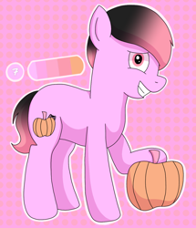 Size: 1080x1255 | Tagged: safe, artist:fruiitypieq, artist:shycookieq, imported from derpibooru, oc, oc only, earth pony, pony, earth pony oc, grin, pumpkin, raised hoof, smiling, solo