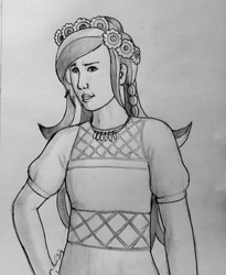 Size: 596x726 | Tagged: safe, alternate version, artist:rm_bottleneck42, imported from derpibooru, gloriosa daisy, equestria girls, clothes, female, floral head wreath, flower, grayscale, hand on hip, monochrome, smiling, solo, traditional art