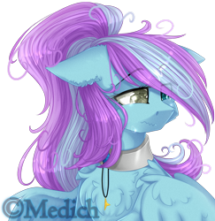 Size: 1842x1897 | Tagged: safe, artist:mediasmile666, imported from derpibooru, oc, oc only, pegasus, pony, bust, chest fluff, collar, female, floppy ears, heterochromia, mare, sad, simple background, solo, transparent background, wavy mouth